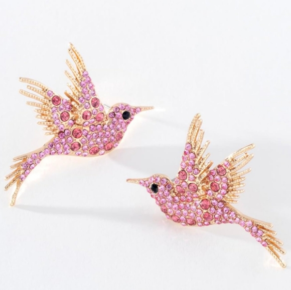 Pink Rhinestone Bird Earrings Hummingbird CZ Pave Crystal Gold Birds Post Style - Picture 3 of 10